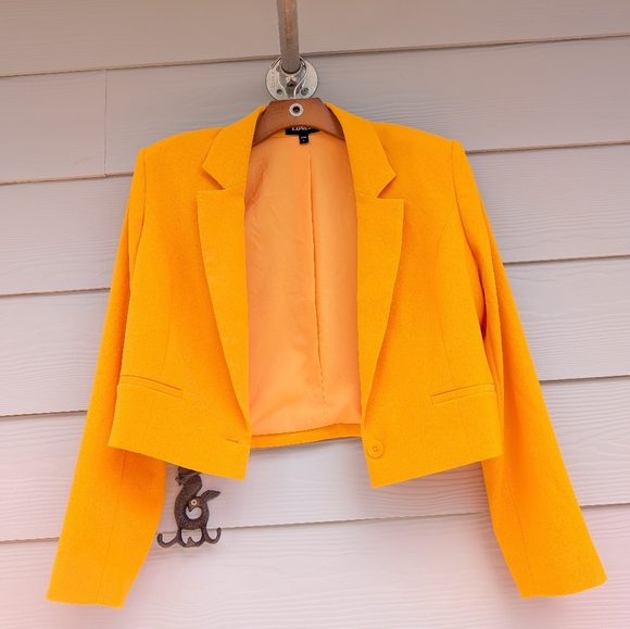 Express Cropped Jacket One Button Collar Size L Yellow Padded Shoulders - Picture 4 of 9